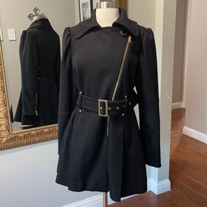 Kenneth Cole New York Black Wool-Blend Belted Coat with Asymmetric Zip